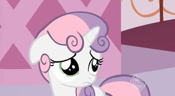 Size: 1010x558 | Tagged: safe, sweetie belle, g4, cute, hub logo, hubble, random, sad