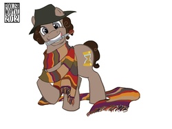 Size: 900x675 | Tagged: safe, artist:lissa-quon, doctor whooves, time turner, earth pony, pony, g4, clothes, doctor who, fourth doctor, fourth doctor's scarf, ponified, scarf, simple background, solo, sonic screwdriver, striped scarf, the doctor