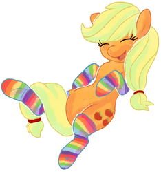 Size: 1126x1205 | Tagged: safe, artist:panda-chan, applejack, earth pony, pony, g4, clothes, female, happy, hooves, mare, on back, rainbow socks, simple background, socks, solo, striped socks