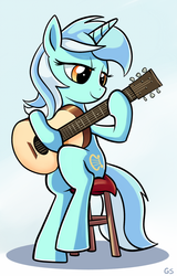 Size: 576x900 | Tagged: safe, artist:gsphere, lyra heartstrings, pony, unicorn, g4, chair, female, guitar, lidded eyes, sitting, smiling, solo, stool