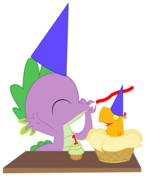 Size: 5965x7256 | Tagged: safe, artist:replaymasteroftime, peewee, spike, dragon, g4, absurd resolution, birthday, hat, party hat, party horn, simple background, transparent background