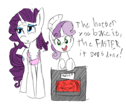 Size: 423x351 | Tagged: safe, artist:kewpa, rarity, sweetie belle, g4, apron, baking, clothes, oven