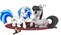 Size: 3066x1776 | Tagged: safe, artist:mmmenagerie, dj pon-3, octavia melody, vinyl scratch, earth pony, pony, unicorn, g4, alcohol, blushing, bottle, duo, glass, ipod, sharing headphones, simple background, white background, wine, wine bottle, wine glass