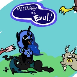 Size: 500x500 | Tagged: safe, artist:lyun, discord, nightmare moon, queen chrysalis, changeling, changeling queen, g4, cute, cutealis, discute, female, filly, friendship is evul!, moonabetes, nightmare woon