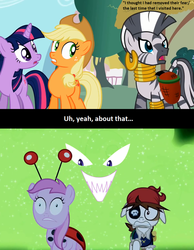 Size: 824x1062 | Tagged: safe, edit, edited screencap, screencap, applejack, twilight sparkle, zecora, ladybug, zebra, g4, luna eclipsed, season 2, the cutie pox, calibri, clothes, costume, faic, limemare moon, meta, nightmare night costume, pirate costume, text