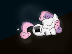 Size: 800x600 | Tagged: safe, artist:frostmusic, sweetie belle, pony, robot, unicorn, g4, black background, charging, eyes closed, female, filly, foal, hooves, horn, lying down, prone, simple background, sleeping, smiling, solo, sweetie bot