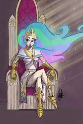 Size: 600x900 | Tagged: safe, artist:theartrix, princess celestia, human, g4, brown background, clothes, crown, ethereal hair, female, gauntlet, humanized, jewelry, lipstick, peytral, regalia, simple background, solo, throne, woman