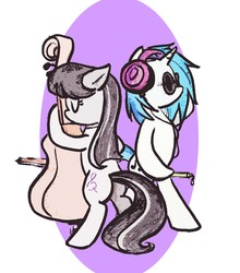 Size: 1668x1892 | Tagged: safe, artist:mmmenagerie, dj pon-3, octavia melody, vinyl scratch, earth pony, pony, unicorn, g4, bipedal, cello, duo, headphones, musical instrument