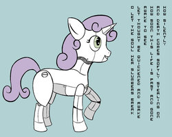 Size: 800x640 | Tagged: safe, artist:willygalleta, sweetie belle, pony, robot, robot pony, unicorn, friendship is witchcraft, g4, blank flank, blue background, female, filly, foal, hooves, horn, jorge manrique, poem, profile, raised hoof, simple background, solo, sweetie bot, teeth, text