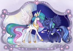 Size: 1700x1175 | Tagged: dead source, safe, artist:felynea, princess celestia, princess luna, alicorn, pony, g4, cloud, concave belly, crown, day, duality, duo, female, height difference, hoof shoes, jewelry, mare, night, on a cloud, peytral, princess shoes, raised hoof, regalia, royal sisters, s1 luna, siblings, sisters, slender, smiling, spread wings, tall, thin, waist wings, wings