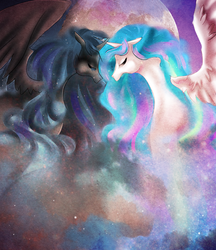 Size: 586x677 | Tagged: safe, artist:sugiko, princess celestia, princess luna, alicorn, g4, crossed horns, eyes closed, horn, horns are touching