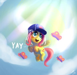 Size: 1200x1180 | Tagged: dead source, safe, artist:ninjaham, fluttershy, butterfly, pegasus, pony, g4, baseball cap, cap, cloud, crepuscular rays, cute, female, filly, filly fluttershy, hat, ribbon, shyabetes, solo, sunlight, younger