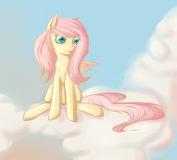 Size: 1156x1051 | Tagged: safe, artist:sunny-sama, fluttershy, pegasus, pony, g4, cloud, female, mare, sitting, sky, solo