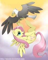 Size: 900x1125 | Tagged: safe, artist:nyaasu, fluttershy, bald eagle, bird, eagle, g4, flying, sky