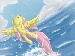 Size: 1200x900 | Tagged: safe, artist:speccysy, fluttershy, pegasus, pony, g4, cute, female, flying, shyabetes, solo, water, wet