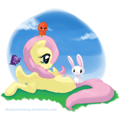 Size: 900x837 | Tagged: safe, artist:weekendviking, angel bunny, fluttershy, bird, butterfly, pegasus, pony, g4, female, mare