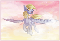 Size: 1000x683 | Tagged: safe, artist:ruaniamh, derpy hooves, pegasus, pony, g4, cloud, cloudy, female, flying, mare, open mouth, smiling, solo, spread wings, sunshine, wings