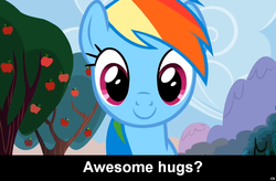 Size: 1024x672 | Tagged: safe, rainbow dash, pegasus, pony, g4, apple tree, bronybait, caption, cs captions, female, hug, mare, solo, sweet apple acres, tree