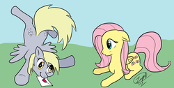 Size: 1280x643 | Tagged: safe, artist:pacce, artist:zeph, derpy hooves, fluttershy, pegasus, pony, g4, derpyshy, female, lesbian, letter, mare, shipping