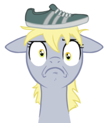 Size: 600x660 | Tagged: safe, artist:blackfeathr, derpy hooves, pegasus, pony, g4, faic, female, frown, glare, mare, moot, parody, shoe on head, shoes, simple background, solo, transparent background