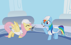 Size: 800x508 | Tagged: safe, artist:acidandgrit, fluttershy, rainbow dash, pegasus, pony, g4, cigarette, clothes, coughing, eyes closed, female, hard hat, mare, mouth hold, open mouth, shrug, smoking, spread wings, weather factory, weather factory uniform