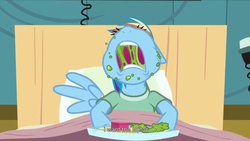 Size: 1344x756 | Tagged: safe, screencap, rainbow dash, pony, g4, read it and weep, eating, female, laptop computer, solo, youtube caption