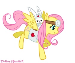 Size: 862x720 | Tagged: safe, artist:dishface, angel bunny, fluttershy, g4, angel riding fluttershy, clothes, costume, doctor, first aid, head mirror, nurse, rabbits riding ponies, riding