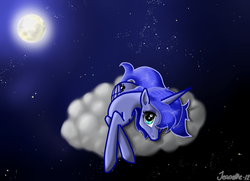 Size: 900x650 | Tagged: safe, artist:alcorexic92, princess luna, pony, g4, cloud, female, moon, prone, solo