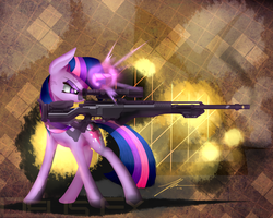 Size: 2500x2000 | Tagged: safe, artist:wreky, twilight sparkle, pony, unicorn, g4, female, glowing horn, gun, high res, hooves, horn, levitation, magic, mare, optical sight, rifle, sniper, sniper rifle, solo, telekinesis, twilight sniper, weapon