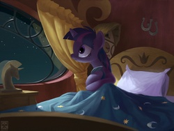 Size: 2000x1500 | Tagged: safe, artist:minibot-1, twilight sparkle, pony, unicorn, g4, bed, clock, cuckoo clock, female, golden oaks library, mare, night, nightmare, solo