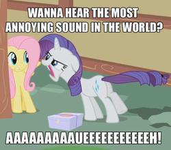 Size: 720x634 | Tagged: safe, edit, edited screencap, screencap, fluttershy, rarity, pegasus, pony, unicorn, g4, party of one, season 1, caption, dumb and dumber, image macro, most annoying sound in the world, package