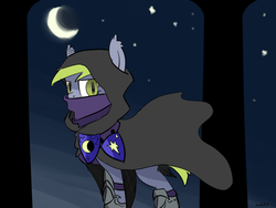 Size: 1024x768 | Tagged: safe, artist:nasse, derpy hooves, pegasus, pony, g4, cloak, clothes, female, hood, mare, night