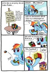 Size: 555x791 | Tagged: safe, artist:frank1605, artist:kturtle, rainbow dash, scootaloo, g4, comic, rubik's cube, spanish, translation