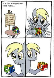 Size: 555x792 | Tagged: safe, artist:frank1605, artist:kturtle, edit, derpy hooves, pegasus, pony, g4, comic, female, mare, rubik's cube, solo, spanish, translation