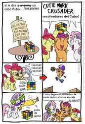 Size: 555x805 | Tagged: safe, artist:frank1605, artist:kturtle, apple bloom, scootaloo, sweetie belle, g4, comic, cutie mark crusaders, rubik's cube, sap, spanish, translation