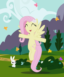 Size: 1000x1200 | Tagged: safe, artist:adcoon, angel bunny, fluttershy, butterfly, pegasus, pony, g4, female, legs together, mare, show accurate