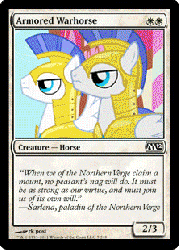 Size: 223x310 | Tagged: safe, artist:bronycurious, apple bloom, big macintosh, fluttershy, nightmare moon, pipsqueak, twilight sparkle, earth pony, pony, g4, animated, card, magic the gathering, male, royal guard, stallion, trading card edit