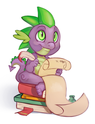 Size: 614x802 | Tagged: safe, artist:lintu, spike, dragon, g4, book, letter, male, pile, quill, scroll, sitting, solo, writing
