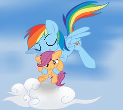 Size: 600x538 | Tagged: dead source, safe, artist:imp-oster, rainbow dash, scootaloo, pegasus, pony, g4, cloud, duo, female, filly, flying, foal, mare, on a cloud, scootalove, sky background, standing on a cloud