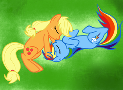 Size: 960x704 | Tagged: safe, artist:likethewind9, applejack, rainbow dash, earth pony, pegasus, pony, g4, duo, female, kissing, lesbian, mare, ship:appledash, shipping