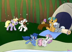 Size: 1700x1241 | Tagged: safe, artist:lustrous-dreams, archer (g4), dinky hooves, pipsqueak, scootablue, silver spoon, snails, sweetie belle, g4, archerbelle, background pony, camping, female, lesbian, male, ship:dinkysqueak, shipping, snailspoon, straight