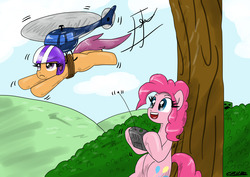 Size: 3506x2481 | Tagged: safe, artist:ciriliko, pinkie pie, scootaloo, earth pony, pegasus, pony, g4, bound wings, creeper, duo, duo female, female, flying lesson, helicopter, high res, remote control, scootaloo can't fly, scootaloo is not amused, scootalove, unamused, wings