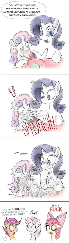 Sweetie Belle Porn - 86682 - explicit, artist:melancholy, apple bloom, big macintosh, rarity,  scootaloo, sweetie belle, earth pony, pony, assisted blowjob, blowjob,  comic, cum, cumming, cumsplosion, cutie mark crusaders, deepthroat,  dialogue, excessive cum, foalcon, funny 