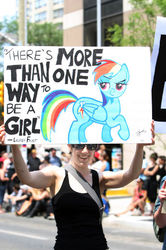 Size: 346x520 | Tagged: safe, artist:bluebird-laughing, rainbow dash, human, g4, canada, irl, irl human, lauren faust, parade, photo, positive message, positive ponies, pride, pride parade, pride week, quote, toronto