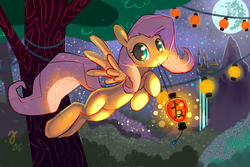 Size: 1700x1135 | Tagged: safe, artist:erinliona, fluttershy, pony, g4, canterlot, female, flying, lantern, lantern festival, mouth hold, solo