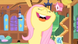 Size: 853x480 | Tagged: safe, screencap, fluttershy, pony, season 1, stare master, eyes closed, faic, female, fluttershy's cottage (interior), indoors, mare, open mouth, solo, tongue out