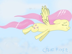 Size: 2272x1704 | Tagged: dead source, safe, artist:fearyzy, fluttershy, pegasus, pony, g4, eyes closed, female, flying, mare, profile, smiling, solo, spread wings, wings