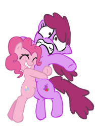 Size: 600x800 | Tagged: safe, berry punch, berryshine, pinkie pie, earth pony, pony, g4, bipedal, duo, duo female, female, gritted teeth, hug, simple background, transparent background