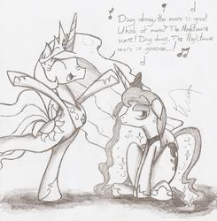 Size: 1696x1728 | Tagged: safe, artist:smoking-mist, princess celestia, princess luna, g4, monochrome, sketch, the wizard of oz, trollestia