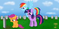 Size: 1280x640 | Tagged: safe, artist:timidusartifex, rainbow dash, scootaloo, twilight sparkle, pegasus, pony, unicorn, g4, female, filly, flying, foal, grave, mare, trio, trio female, unicorn twilight